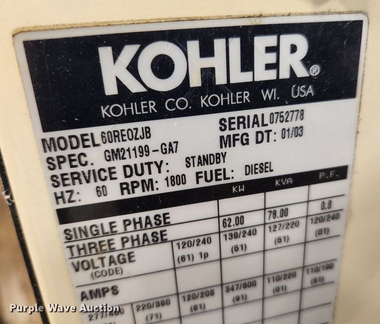image for item JB9786 2003 Kohler 60  generator