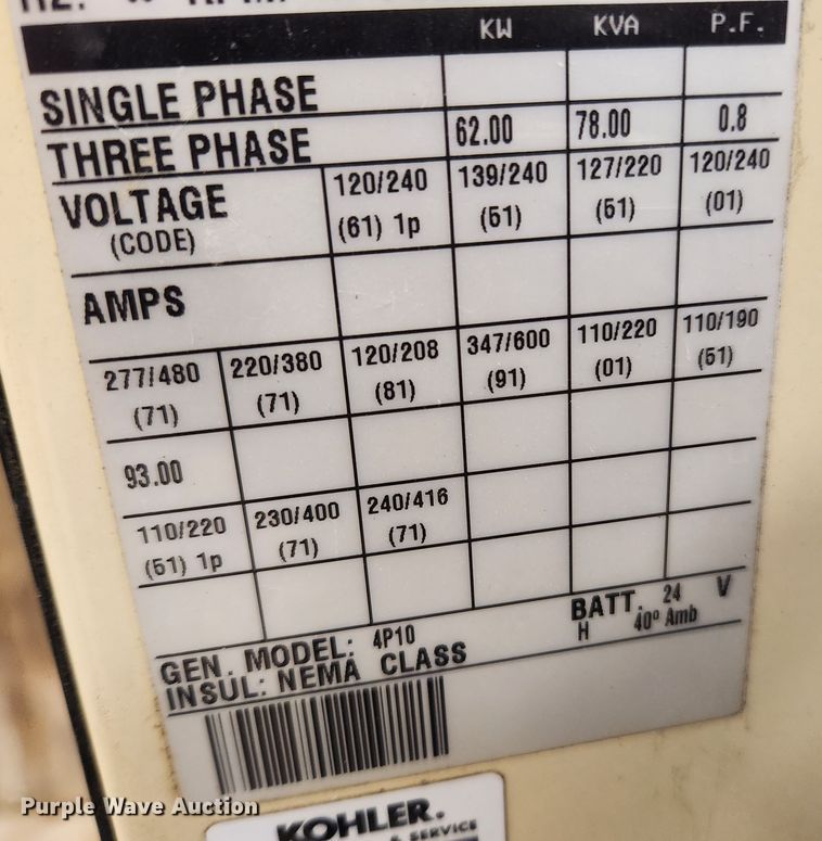 image for item JB9786 2003 Kohler 60  generator