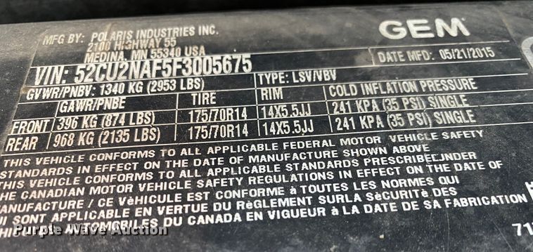 image for item JW9295 2015 Polaris Gem EM 1400 LSV  golf cart