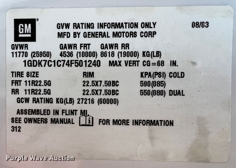 image for item KF9735 2004 GMC C7500  utility / service truck