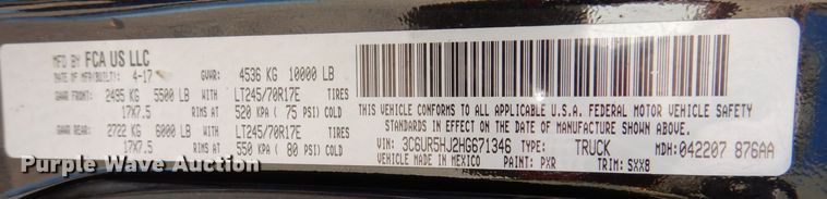 image for item KW9639 2017 Dodge Ram 2500HD  Crew Cab pickup truck