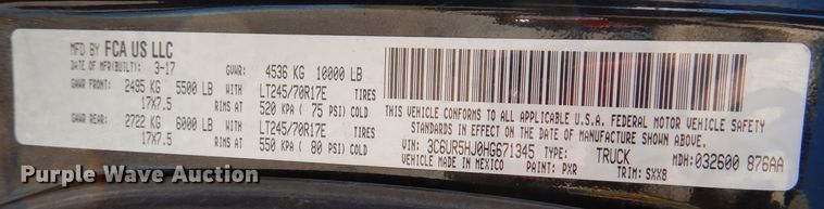 image for item KW9641 2017 Dodge Ram 2500HD  Crew Cab pickup truck