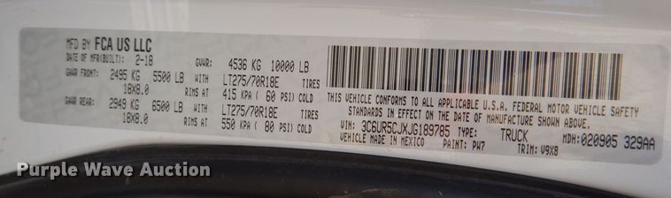 image for item KW9643 2018 Dodge Ram 2500HD  Crew Cab pickup truck