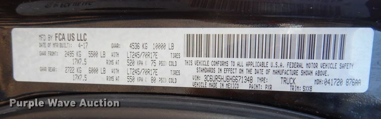 image for item KW9644 2017 Dodge Ram 2500HD  Crew Cab pickup truck