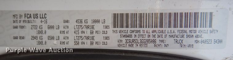 image for item KW9648 2016 Dodge Ram 2500HD  Crew Cab pickup truck