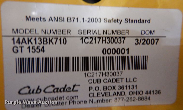 image for item KW9725 2007 Cub Cadet GT1554  lawn mower