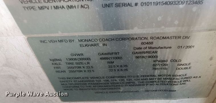 image for item LK9301 2001 Monaco Endeavor  RV