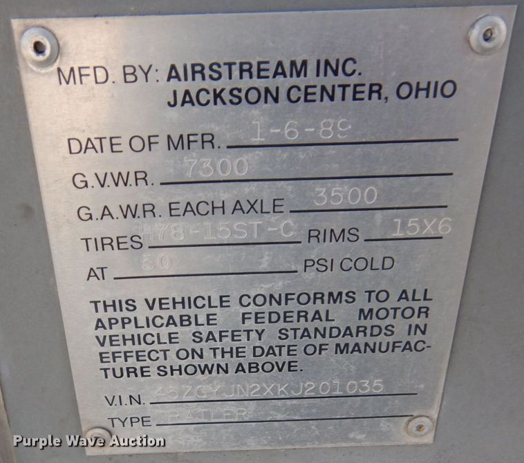 image for item MH9268 1989 Airstream  camper