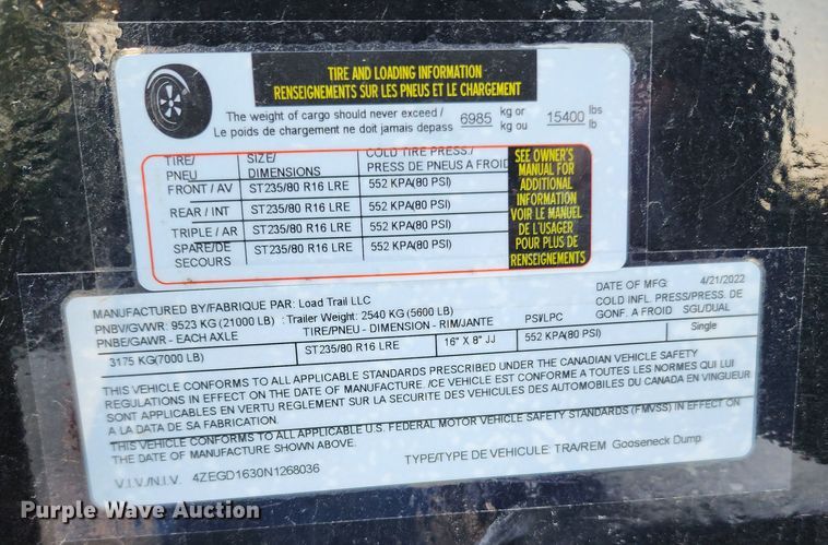 image for item DL6676 2022 Load Trail  dump trailer