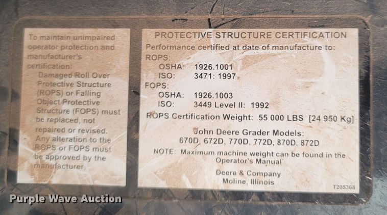 image for item DR3364 2005 John Deere 672D  motor grader