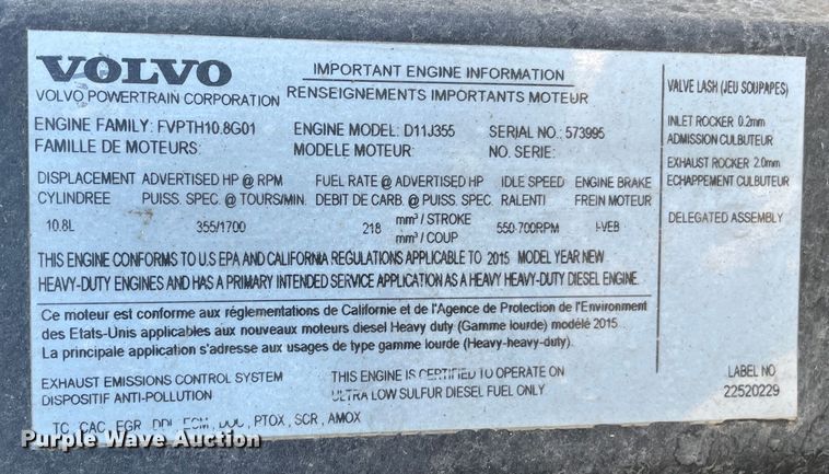 image for item DR7356 2016 Volvo VHD  dump truck