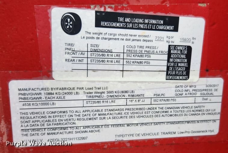 image for item JB9792 2017 Load Trail  equipment trailer