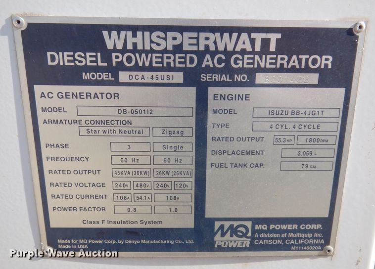 image for item JL9773 Whisperwatt DCA-45USI  generator