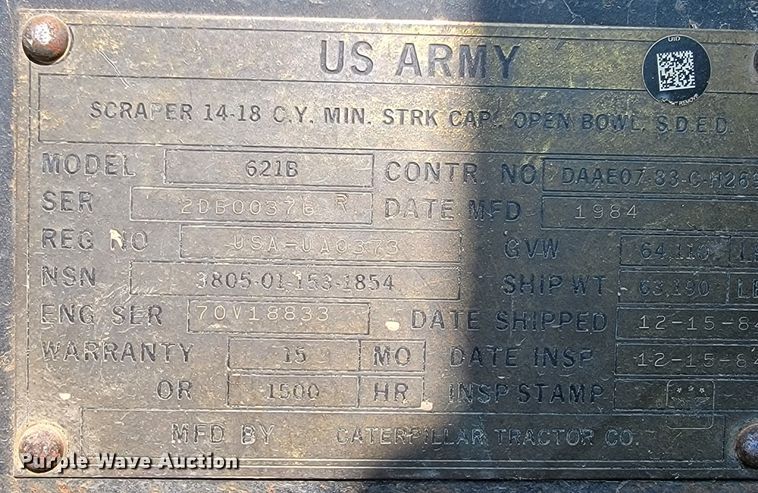 image for item KB9942 1984 Caterpillar 621B  conventional scraper