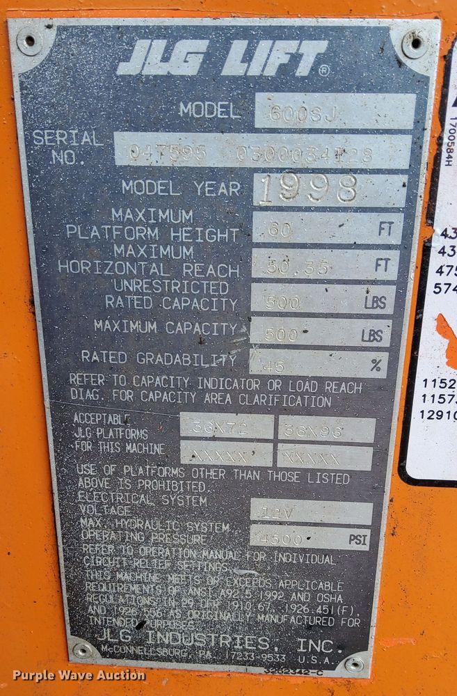 image for item ME9568 1998 JLG 600S  boom lift