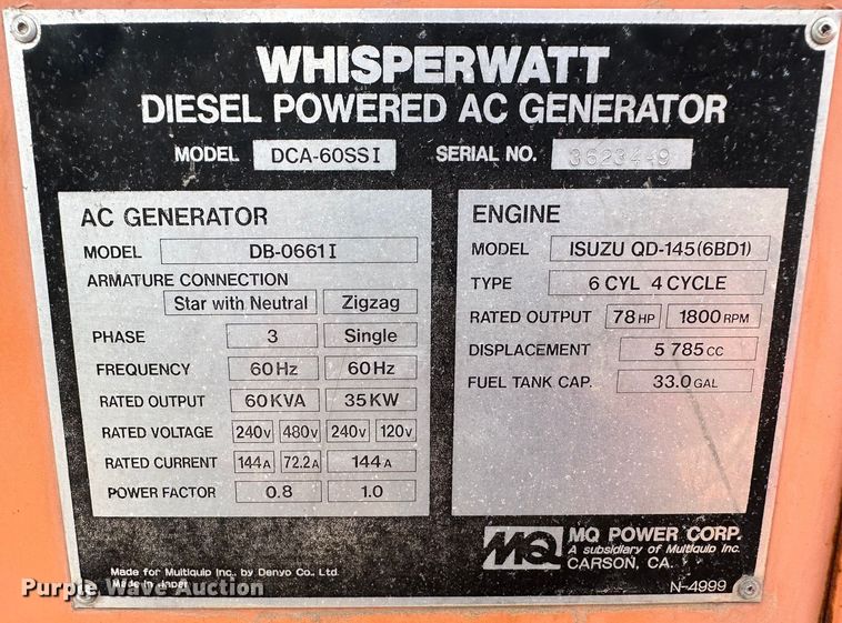 image for item DK1077 Multiquip Whisperwatt 60  generator