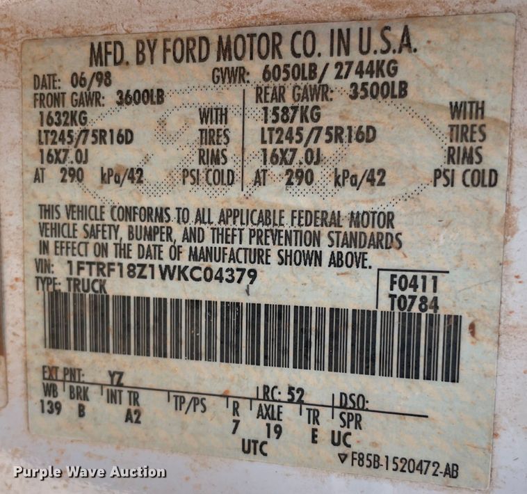 image for item DL0718 1998 Ford F150  pickup truck