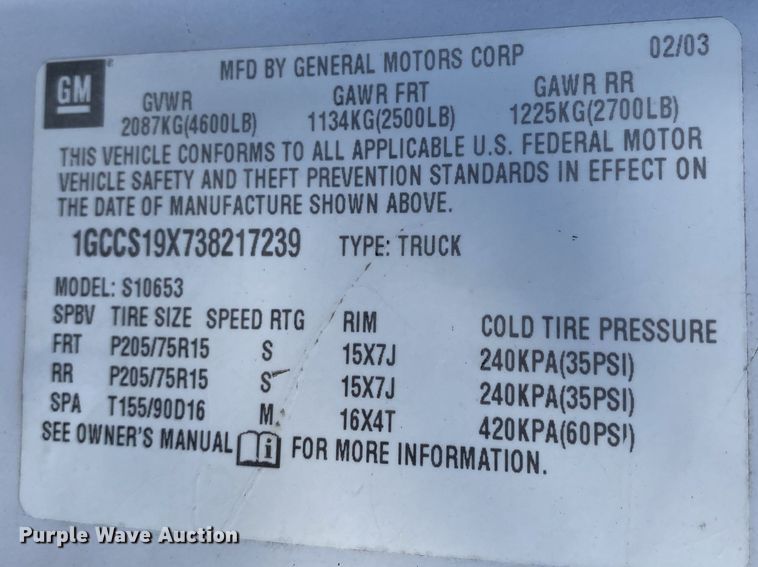 image for item DN8053 2003 Chevrolet S10  Ext. Cab pickup truck
