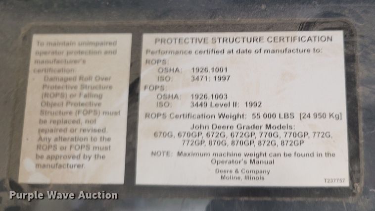 image for item DR3360 2012 John Deere 770G  motor grader