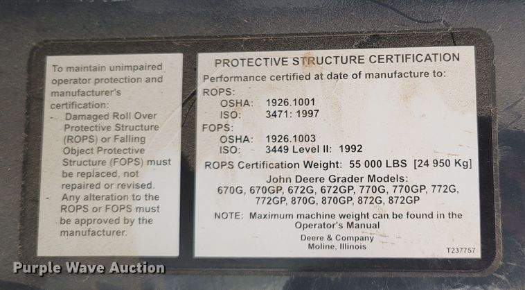 image for item DR3361 2013 John Deere 770G  motor grader