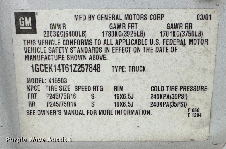 image for item JD9807 2001 Chevrolet Silverado 1500  pickup truck