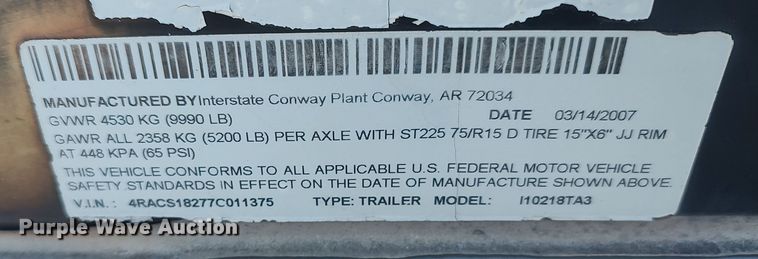 image for item KR9692 2007 Interstate I10218TA3  enclosed cargo trailer