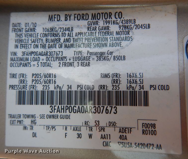 image for item KW9592 2010 Ford Fusion