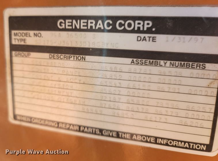image for item MH9556 1997 Generac 95A06500S  generator