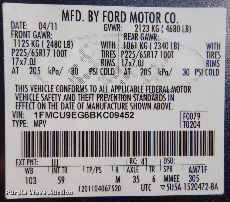 image for item MJ9884 2011 Ford Escape Limited  SUV