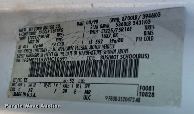 image for item MN9434 1998 Ford Club Wagon  van