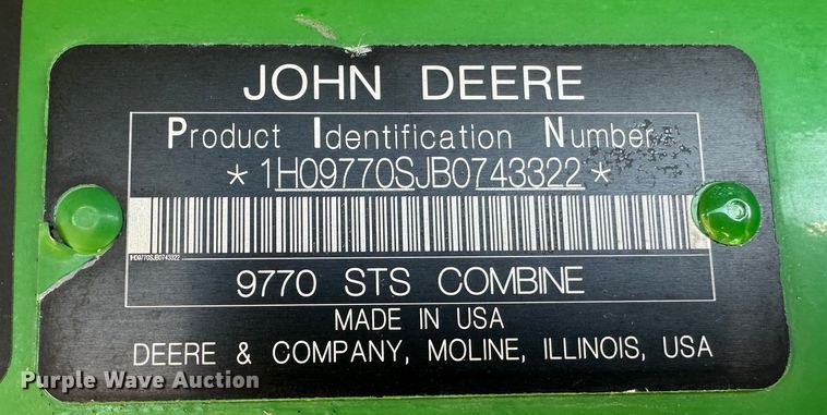 image for item DH1772 2011 John Deere 9770 STS  combine