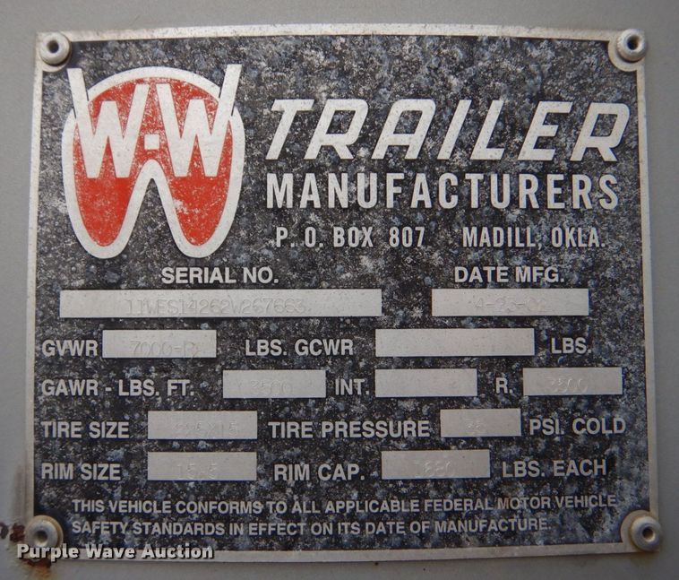 image for item LT9020 2002 WW  livestock trailer