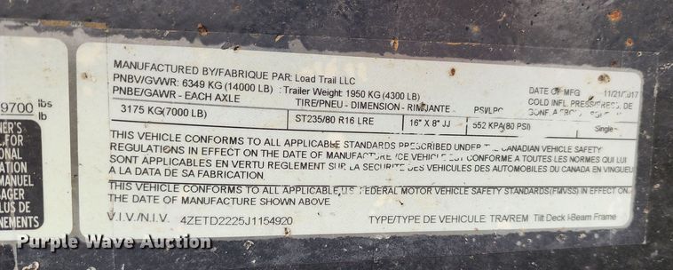 image for item DL6726 2018 Load Trail  tilt deck equipment trailer