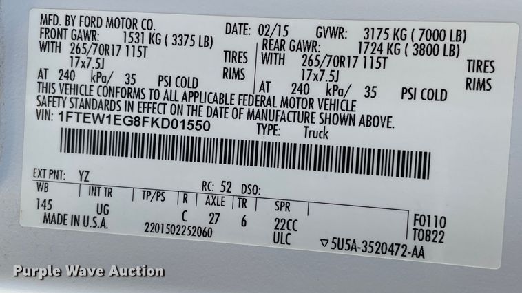 image for item DN4506 2015 Ford F150  SuperCrew pickup truck