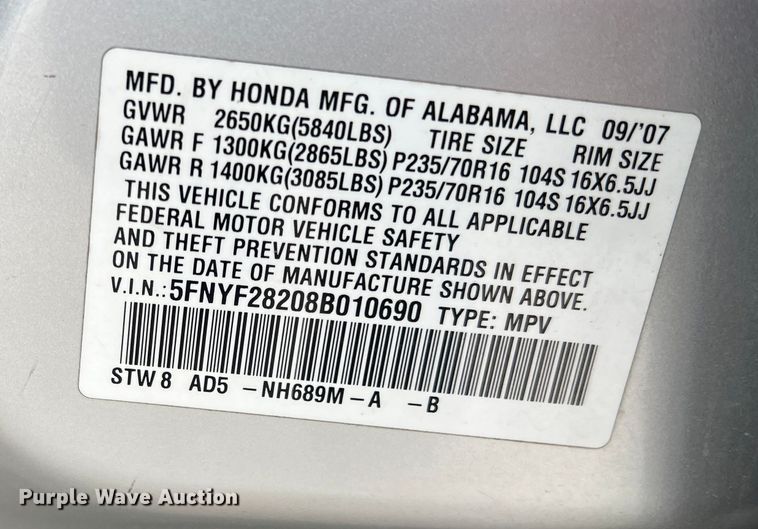 image for item DO8942 2008 Honda Pilot  SUV