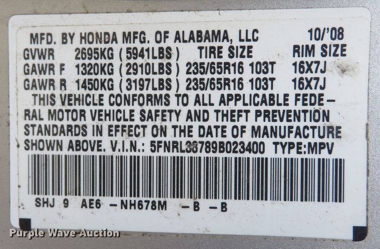 image for item FB9827 2009 Honda Odyssey EXL  van