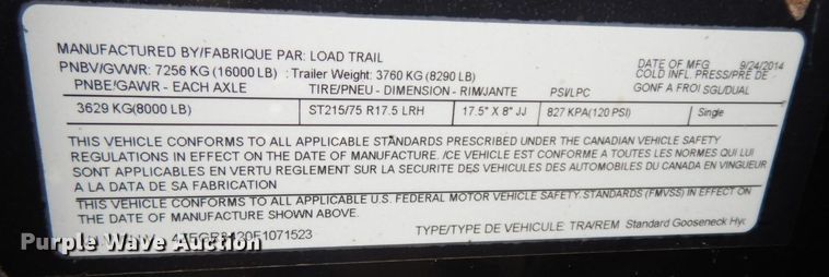 image for item HG9265 2015 Load Trail  equipment trailer