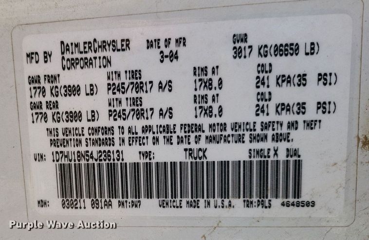 image for item IU9906 2004 Dodge Ram 1500  Quad Cab pickup truck