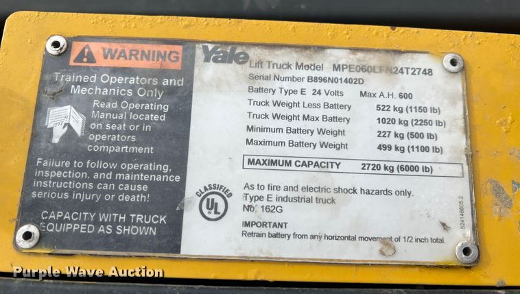 image for item JU9853 Yale MPE060LFN24T2748  pallet jack