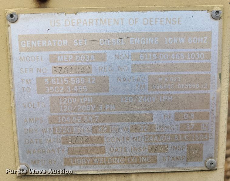 image for item JW9911 1982 Am General  generator