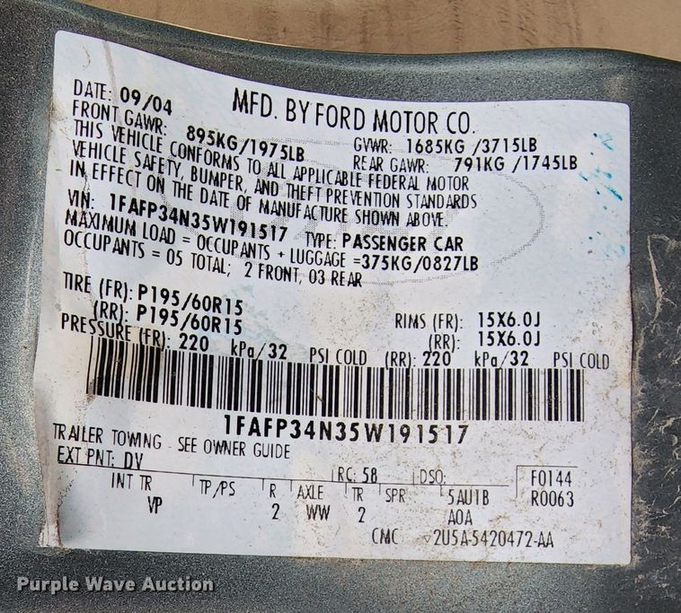 image for item JW9921 2005 Ford Focus ZX4 SE