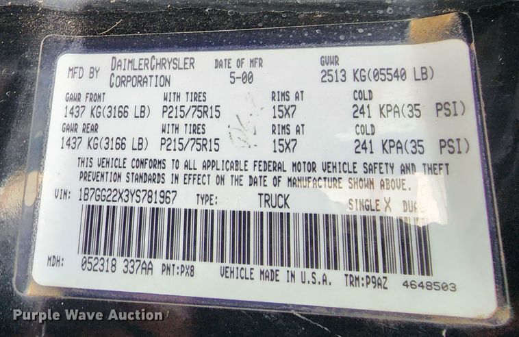 image for item JW9922 2000 Dodge Dakota  Club Cab pickup truck