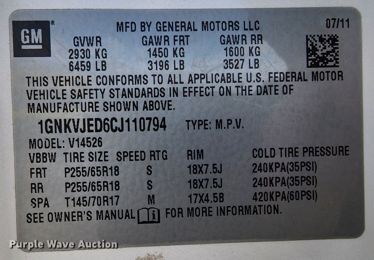 image for item JW9927 2012 Chevrolet Traverse  SUV