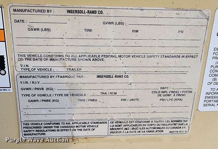 image for item JW9931 2001 Ingersoll Rand P185  air compressor