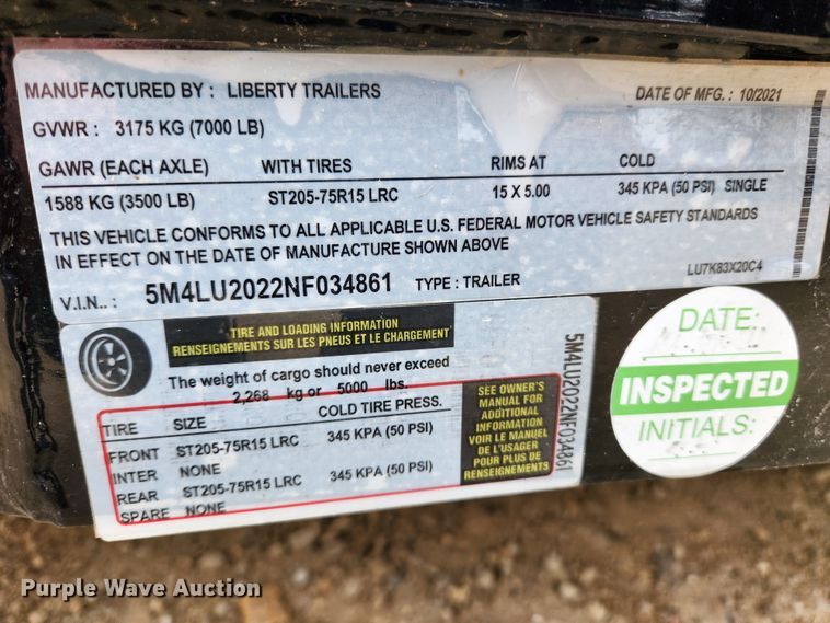 image for item KT9557 2022 Liberty  utility trailer