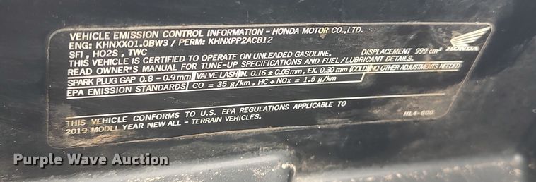 image for item LK9405 2019 Honda Pioneer 1000  utility vehicle