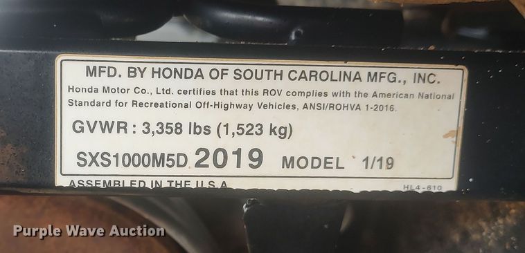 image for item LK9405 2019 Honda Pioneer 1000  utility vehicle