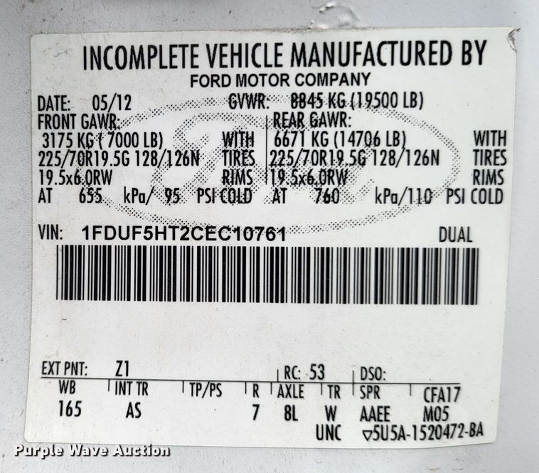 image for item LR9089 2012 Ford F550 Super Duty XL  truck cab and chassis