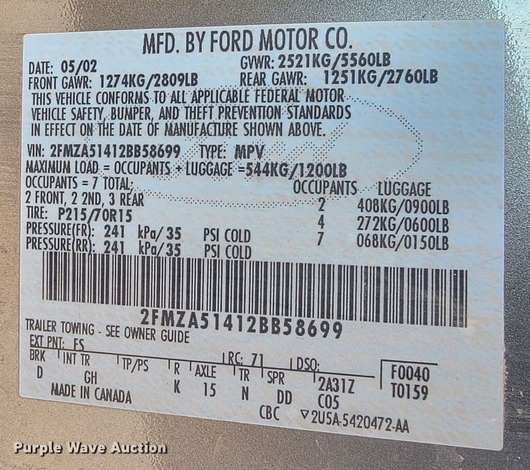 image for item ME9603 2002 Ford Windstar LX  van
