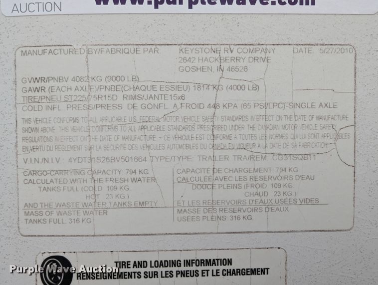 image for item MJ9238 2011 Keystone Cougar CG31SQB11  camper